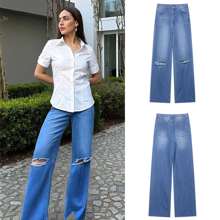 Women Blue Jeans Knee Ripped Retro Rosted Versatile Pant High Waist Wide Leg Denim Jeans Basic Denim Loose Long Pants